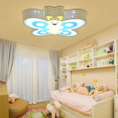 Girl Bedroom Smiling Butterfly Flush Mount Light Metal Cartoon Stepless Dimming/Warm/White Ceiling Light