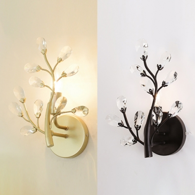 Hotel Bedroom Branch Wall Light Metal 1 Head Luxurious Style Black/Gold Sconce Light with Crystal
