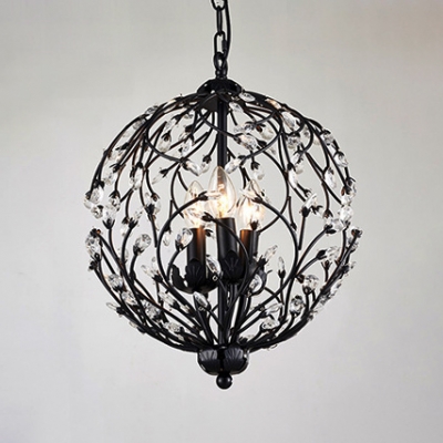 Industrial Candle Pendant Lamp with Crystal Deco 3 Lights Metal Chandelier in Black/Rust for Hotel