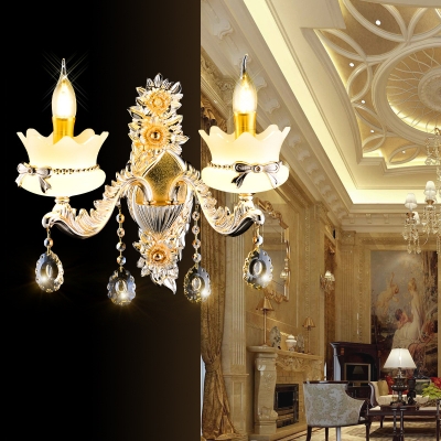 Luxurious Engraved Sconce Light with Glittering Crystal Metal 1/2 Lights Gold Wall Lamp for Living Room
