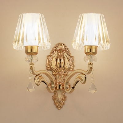 Luxurious Prismatic/Ribbed Sconce with Crystal Bead 2 Lights Metal Wall Lamp in Gold for Office
