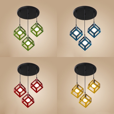 Metal Cube Cage Pendant Light Restaurant Three Lights Retro Loft Pendant Lamp in Blue/Green/Red/Yellow