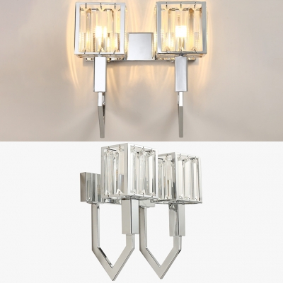 Metal Cube LED Wall Light with Crystal Stair 1/2 Head Traditional Sconce Light in Chrome
