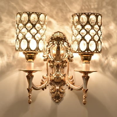 Metal Cylinder Sconce Light with Crystal Dining Room 2 Heads Modern Stylish Wall Lamp in Gold