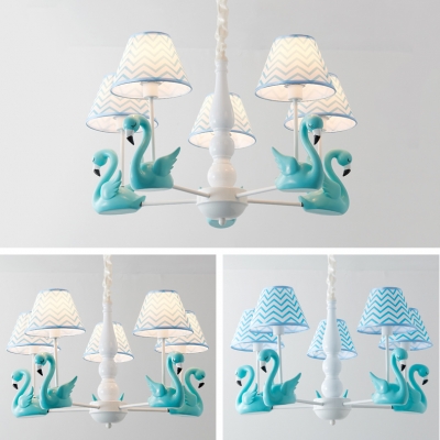 Modern Style Swan Chandelier with Fabric Shade 5 Lights Metal Pendant Light in Blue/Pink/Orange for Kids Bedroom