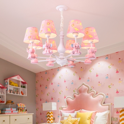 Resin Elephant Suspension Light with Tapered Shade 3/5/6/8 Lights Animal Chandelier in Pink