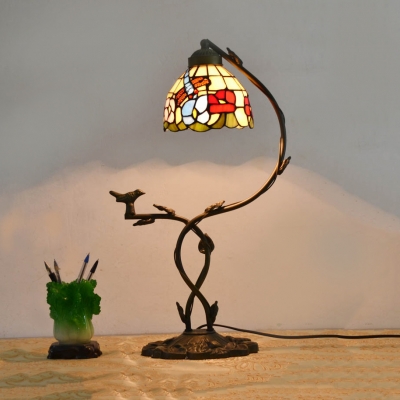 One Light Dragonfly/Rose Night Light with Bird Rustic Tiffany Stained Glass Table Light for Study Room
