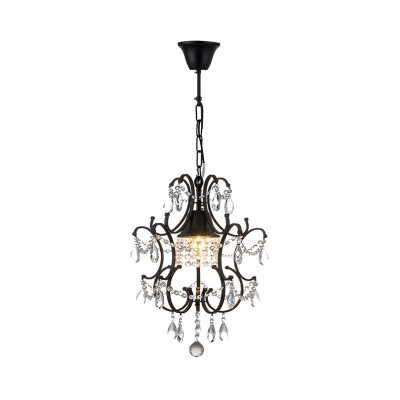 1 Light Curved Mini Chandelier with Crystal Bead Antique Style Metal Pendant Light in Black for Hotel