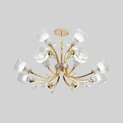 12 Heads Blossom Chandelier with Crystal Leaf Luxurious Ribbed Glass Hanging Light in Gold for Living Room