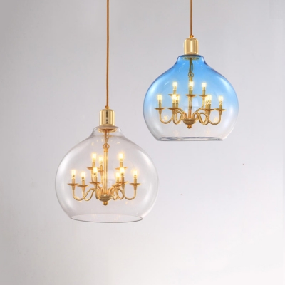 Metal Candle Pendant Lamp with Orb Shade 9 Lights Traditional Blue/Clear Chandelier for Living Room