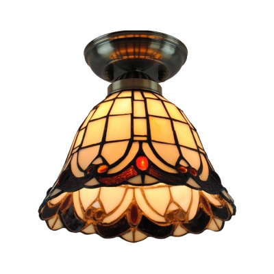 Classic Tiffany Brass Flush Ceiling Light Bell Shade Single Head Art Glass Ceiling Lamp for Hallway