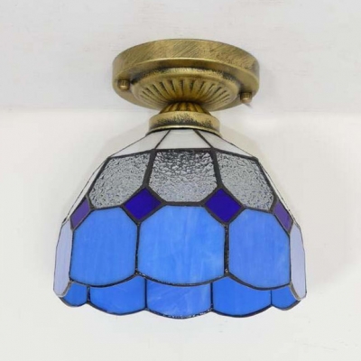 Art Glass Lattice Domed Ceiling Lamp Dining Room 1 Light Vintage Tiffany Flush Mount Light