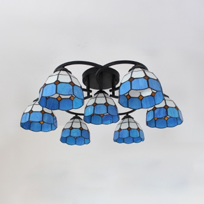 Art Glass Grid Bowl Ceiling Fixture 3/5/7 Heads Traditional Tiffany Flush Ceiling Light in Blue for Hotel