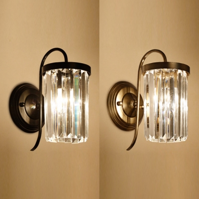 Black/Gold Cylindrical Wall Sconce 1 Light Simple Style Clear Crystal Sconce Light for Bathroom