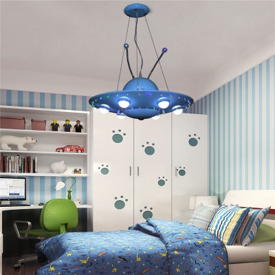 Boys Girls Bedroom UFO Pendant Light Metal 6 Lights Long Life Blue Pendant Lamp with Antenna