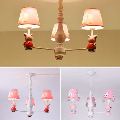 Cartoon Pink Hanging Light Piggy 3/5/6 Lights Metal Chandelier with Fabric Shade for Nursing Room