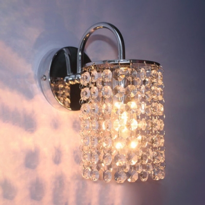 Cloth Shop Cylinder Sconce Light Metal 1 Bulb Classic Style Chrome Wall Lamp with Crystal Bead