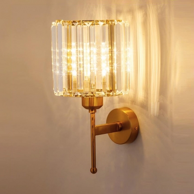 Cylinder Bedroom Bathroom Sconce Light Striking Crystal Modern Style Wall Lamp in Gold Finish