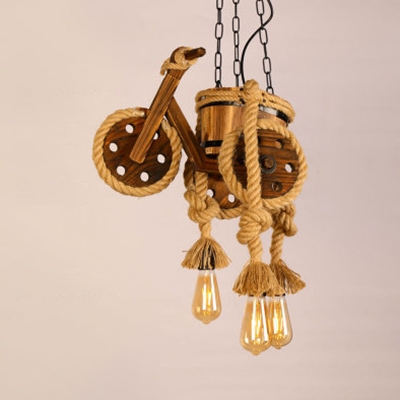 Wood Motor Pendant Light with Manila Rope Rustic Stylish Chandelier in Beige for Restaurant