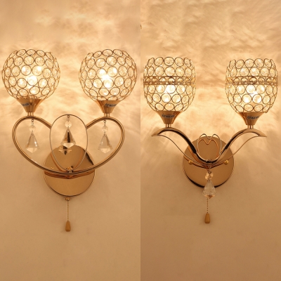 Hotel Bedroom Orb Wall Light with Striking Crystal 2 Lights Romantic Gold Sconce Light