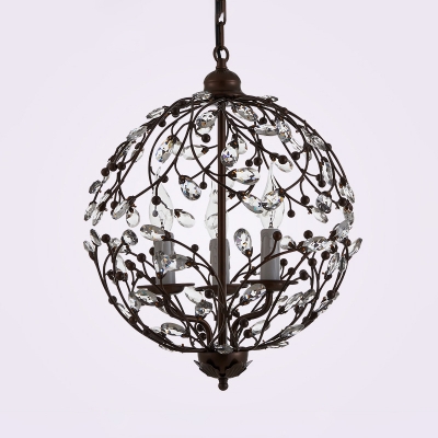 Industrial Candle Pendant Lamp with Crystal Deco 3 Lights Metal Chandelier in Black/Rust for Hotel