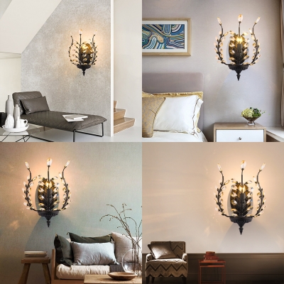 Living Room Candle Wall Light Metal 1 Light Rustic Stylish Black Sconce Light with Crystal Leaf