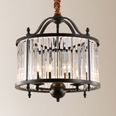 Metal Candle Suspension Light with Crystal Shade 3/5 Lights American Rustic Chandelier in Black for Villa