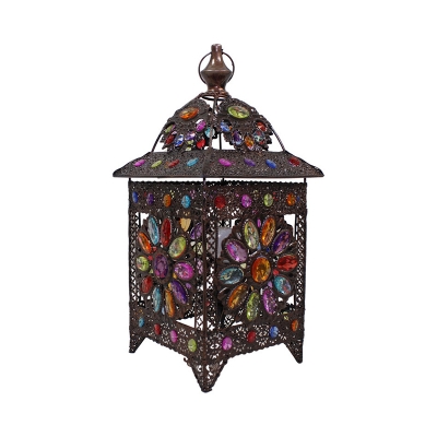 Metal Pavilion Shaped Table Light Cafe Villa Single Bulb Moroccan Night Light in Bronze with Flower