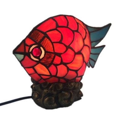 Red Fish Shaped Table Light with Plug-In Cord Lovely Stained Glass Table Lamp for Child Bedroom