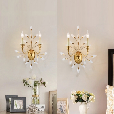 Resin Candle Wall Sconce with Crystal 2 Lights Traditional Wall Lamp in Gold for Villa Cafe