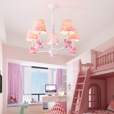 Resin Elephant Suspension Light with Tapered Shade 3/5/6/8 Lights Animal Chandelier in Pink