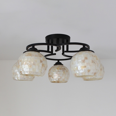 Shell Spherical Semi Flush Mount Light Hotel Cafe 3/5/7 Bulbs Mosaic Style Ceiling Light in Beige