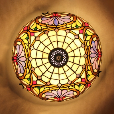 Villa Living Room Floral Ceiling Light Stained Glass Rustic Tiffany Flush Mount Light
