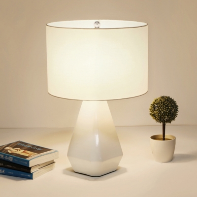 White Drum Shade Table Light Simple Style Fabric 1 Head Night Light with Resin Base