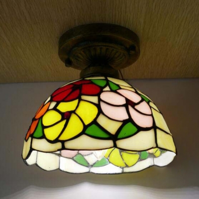 1 Head Domed Ceiling Light with Baroque/Bead/Flower/Mediterranean Tiffany Art Glass Flush Light for Hotel