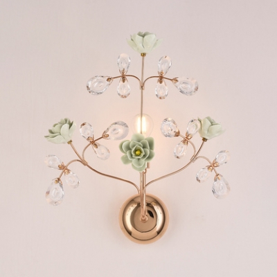 1 Light Twig Wall Light with Crystal & Blossom Luxurious Metal Wall Lamp in Green/Pink/White for Bedroom
