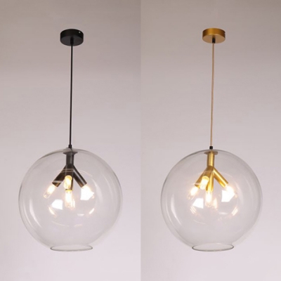Kitchen Restaurant Globe Pendant Light Transparent Glass 3 Bulbs Black/Gold Chandelier