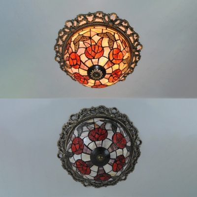 Rustic Tiffany Bowl Ceiling Mount Light with Butterfly/Flower Stained Glass Ceiling Lamp for Bedroom