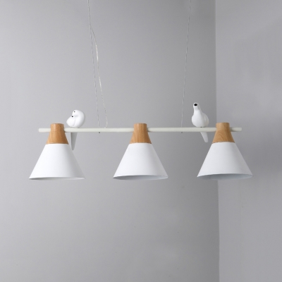 Cone Dining Table Island Light with Pigeon Wood 3 Heads Simple Style Island Pendant in White