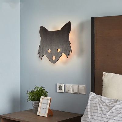 Fox Shaped Wall Light Cartoon Wood Dark Coffee LED Sconce Light with Warm/White Lighting for Living Room