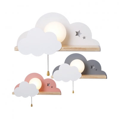 Cute Sun & Cloud Wall Light with Pull Chain Metal Gray/Pink/White LED Sconce Light for Girls Bedroom