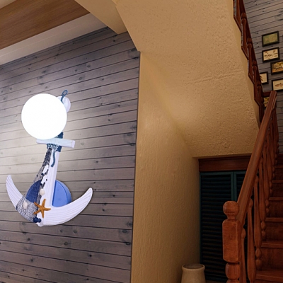 White Anchor Wall Light with Sphere Shade 1 Head Nautical Style Metal Sconce Light for Kindergarten