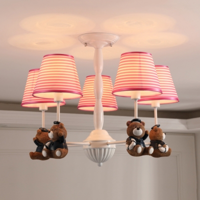Animal Blue/Pink Hanging Light Stripe Shade 5 Lights Metal Chandelier with Bear for Child Bedroom