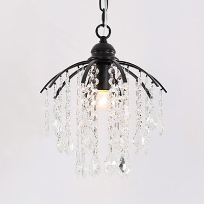 Antique Style Black/Gold Hanging Light with Crystal Deco Single Light Metal Small Chandelier for Stair