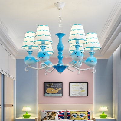 Cartoon Fish Hanging Light Metal Six Lights Blue/Pink Chandelier for Boys Girls Bedroom