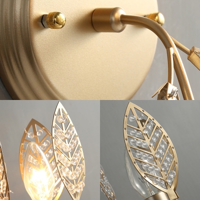Classic Candle Sconce with Leaf & Crystal Bead 1 Head Metal Wall Light in Gold for Kitchen