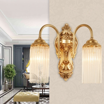 Cylinder Villa Foyer Wall Light with Tube Crystal Metal 1/2 Head Vintage Wall Lamp in Gold