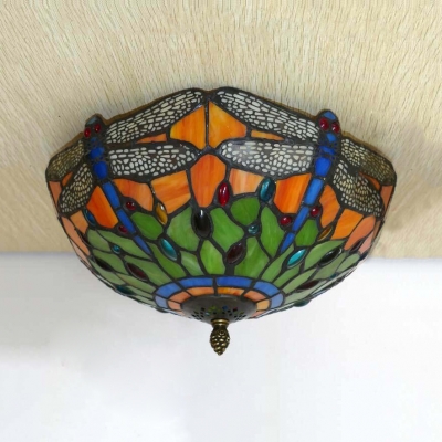 Dragonfly Child Bedroom Ceiling Mount Light Stained Glass Tiffany Rustic Flush Light in Blue/Orange
