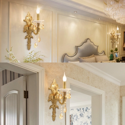 Elegant Style Candle Wall Light Metal 1 Light Gold Sconce Light with Crystal for Hotel Hallway