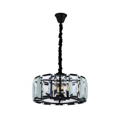 Iron Drum Hanging Light with Clear Crystal Panel 4 Lights Antique Chandelier in Black for Cafe